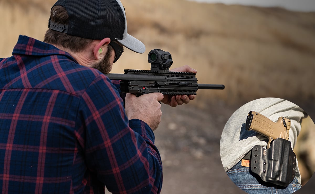 Man holding CMR30 ready to shoot and a PMR30 packed in a holster 